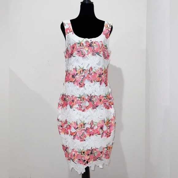 Bisou Bisou | Dresses | Bisou Bisou Floral Cutout Sheath Sleeveless Lace  Orange White Dress Size 8 | Poshmark